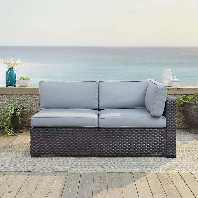 Crosley Furniture Biscayne Outdoor Sectional Loveseat, 2-Person Wicker Patio Couch for Deck, Backyard, Brown with Mist Cushions