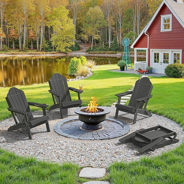LUE BONA Folding Adirondack Chair, Chairs Set of 8, Cup Holder, Woodgrain, Fire Pit, Patio, Pool, Black - Photo 1