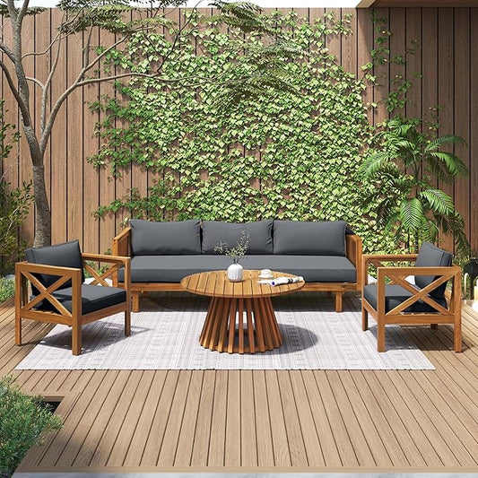 Merax Outdoor 4-Piece Acacia Wood Conversation Set - Patio 3-Seat Loveseat Sofa w/Coushion, 2 Armchair and Round Coffee Table for Backyard, Lawn, Balcony, Teak + Gray