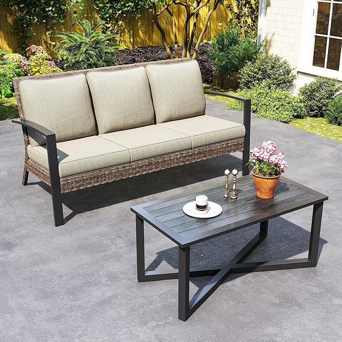Green4ever Outdoor Furniture, 2 Pieces Patio Furniture Set with Coffee Table, Wicker Outdoor Couch with Cushions, Patio Sofa for Porch, Backyard, Pool, Deck, Garden, Beige