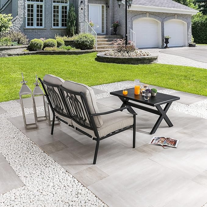 LOKATSE HOME Outdoor Loveseat and Coffee Table Metal Conversation Set Patio Furniture with Cushions for Poolside Backyard Lawn, Beige