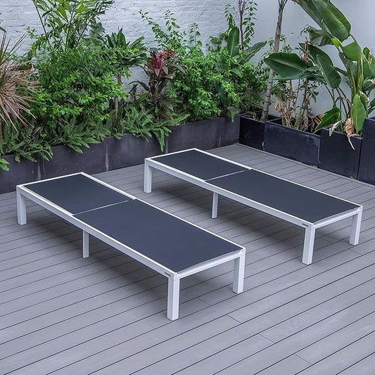 LeisureMod Marlin Aluminum Outdoor Chaise Lounge Chair (Set of 2) - Mesh Sling Fabric Seat White Aluminum Frame Beach, Pool Lounge Chair for Modern Patio Lawn, Garden and Backyard (Black)