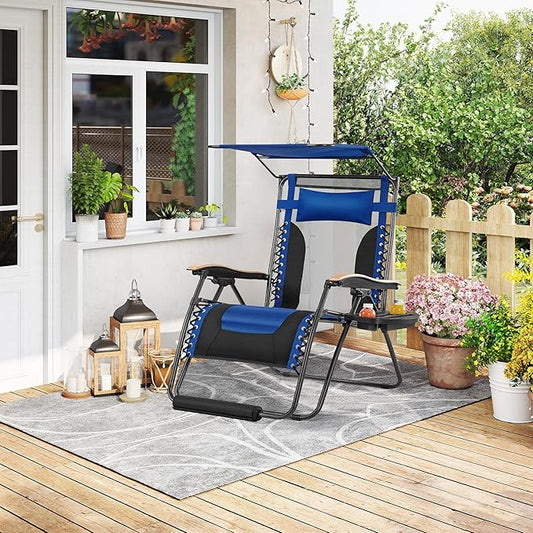 Yaheetech 29in Zero Gravity Chair, Adjustable Patio Padded Anti Gravity Recliner Foldable Outdoor Lounger with Cup Holder Tray, Canopy Shade and Headrest for Beach Camping Navy Blue/Black/1