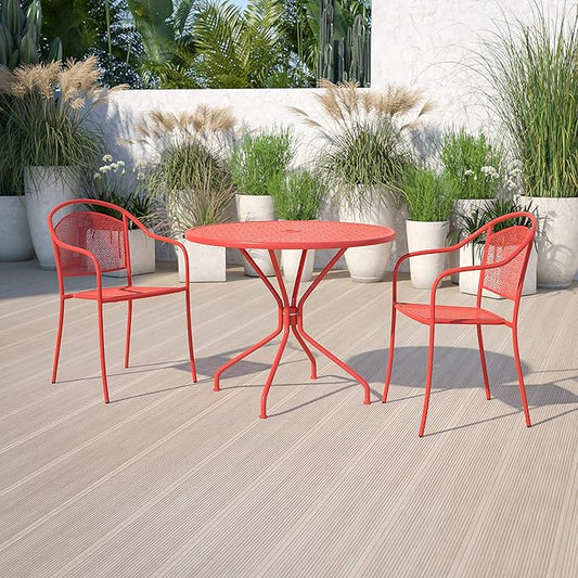 Flash Furniture Oia Commercial Grade 35.25" Round Coral Indoor-Outdoor Steel Patio Table with Umbrella Hole
