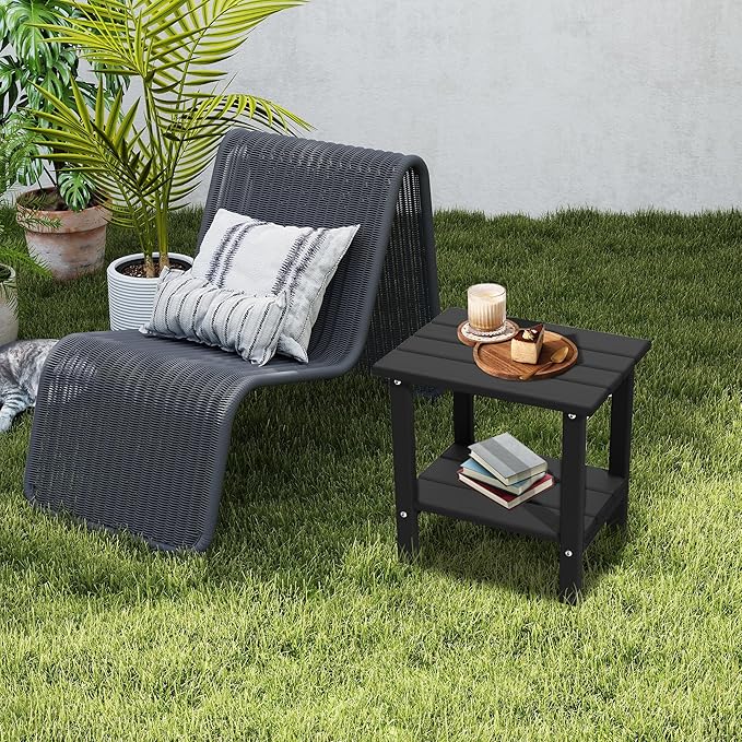 HDPE Outdoor Side Table, Small Patio Table, Weather Resistant Adirondack End Table for Outside, Balcony, Deck, Poolside, Black