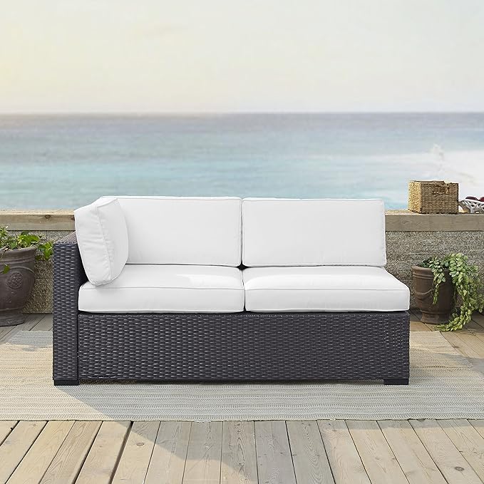 Crosley Furniture Biscayne Outdoor Sectional Loveseat, 2-Person Wicker Patio Couch for Deck, Backyard, Brown with White Cushions