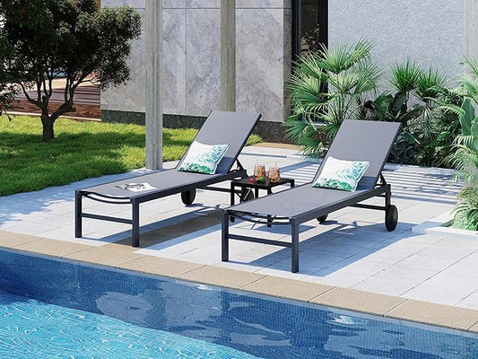 SUNLEI Lounge Chair for Outside Set of 4, Patio Chaise Lounge Outdoor w/ 5-Position Adjustable Backrest, Movable Pool Recliner Lounge Chairs, Tanning Chair for Patio, Light Grey