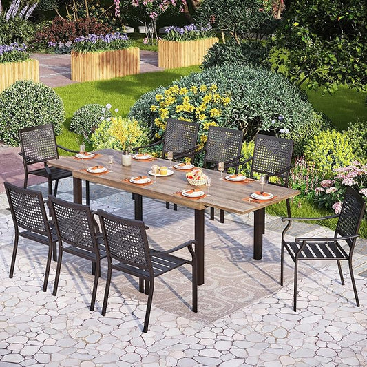 PHI VILLA Outdoor Metal Expandable Dining Table, Wood-Like Wrought Iron Extendable Table for 6-8 Person, Heavy-Duty Large Rectangular Table Furniture for Patio, Deck, Backyard, Porch