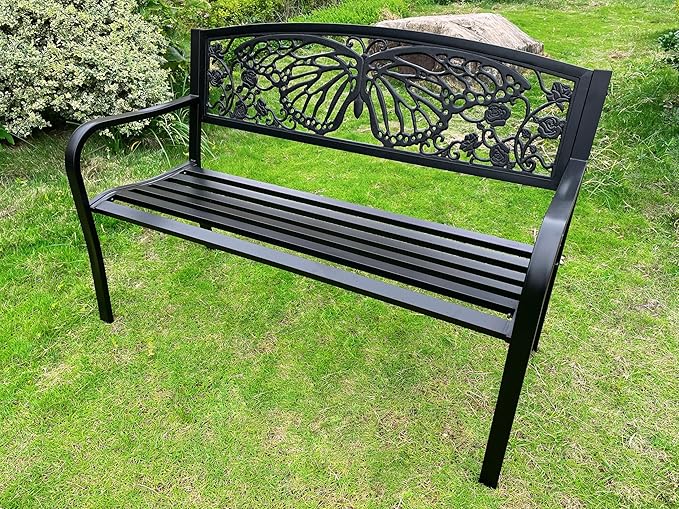 Hi-Line Gift Ltd 50" Outdoor Metal Garden Bench with Butterfly Backrest Design - Black