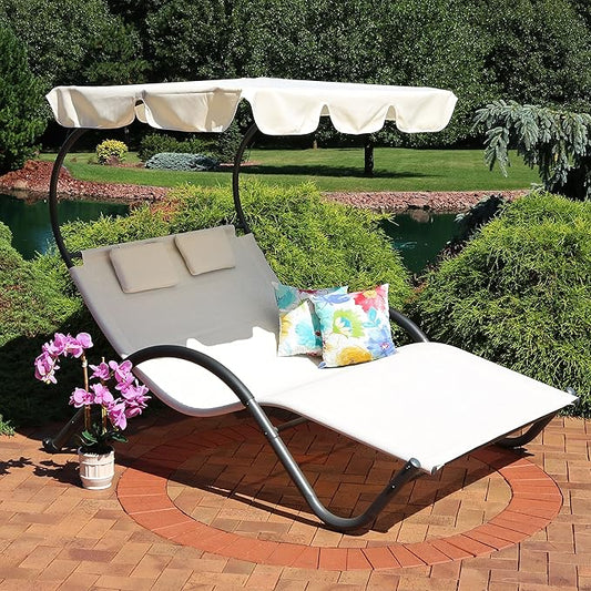 Sunnydaze Outdoor Double Chaise Lounge with Canopy Shade and Headrest Pillows - Beige Fabric with Black Powder-Coated Frame