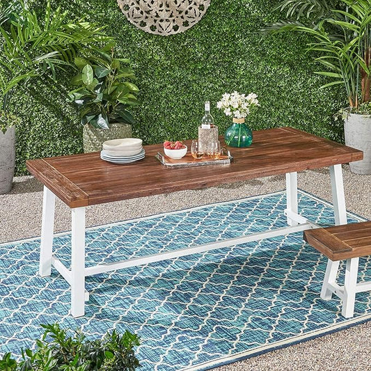 Outdoor Eight Seater Iron Dining Table, Dark Brown and White Finish