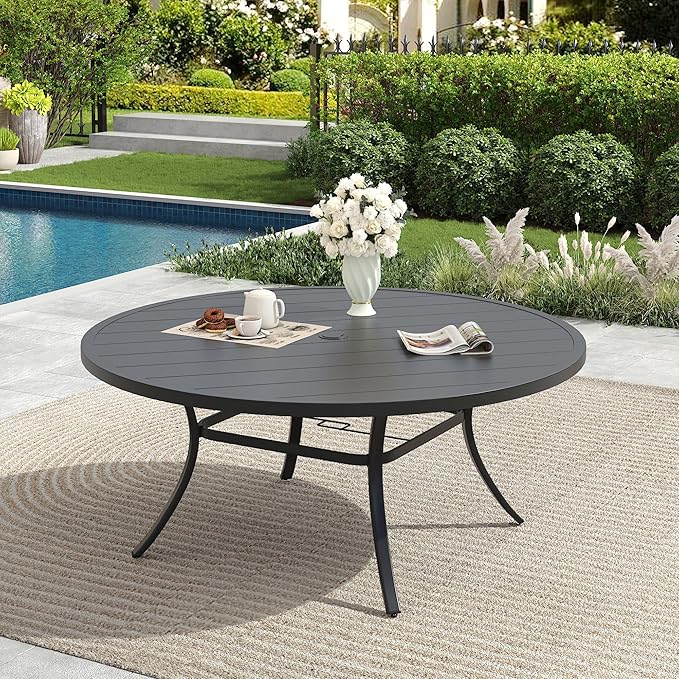 Patio Dining Table for 6-8, Round Metal Outdoor Table with 1.57" Umbrella Hole, 50" Outdoor Slat Tabletop Dining Table for Backyard, Porch, Lawn, Black