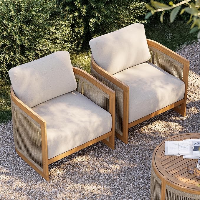 homary Teak Outdoor Chair, Rope Woven Patio Lounge Chair with All-Weather Cushions, Deep Seat Ergonomic Armchair with Removable Washable Covers (1 Chair)