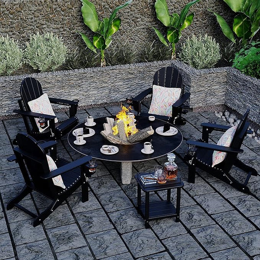 Sundale Outdoor Folding Water & Wind Proof Adirondack Chair with 2 Concealable Cup Holder and 1 Stylish Cushion/Pillow, Perfect for Outside Patio Garden Pool Yard Plastic Classic Black