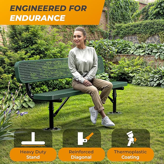Heavy-Duty Outdoor Metal Bench, Thermoplastic-Coated, Surface, Weatherproof, Commercial-Grade for Parks, Gardens, Patios, Stores & More (6 Ft - Surface with Back, Green)
