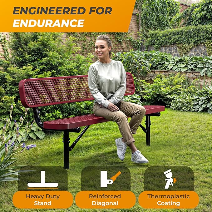 Heavy-Duty Outdoor Metal Bench, Thermoplastic-Coated, Inground, Weatherproof, Commercial-Grade for Parks, Gardens, Patios, Stores & More (6 Ft - Inground with Back, Red)