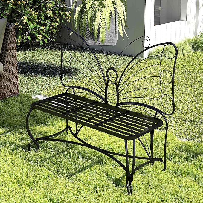 Pink Butterfly Benches Outdoors, Pretty Garden Bench & Cute Metal Outside Bench, Front Porch Benches Outdoor with Sturdy Frame for Lawn Yard Balcony (Black 2)