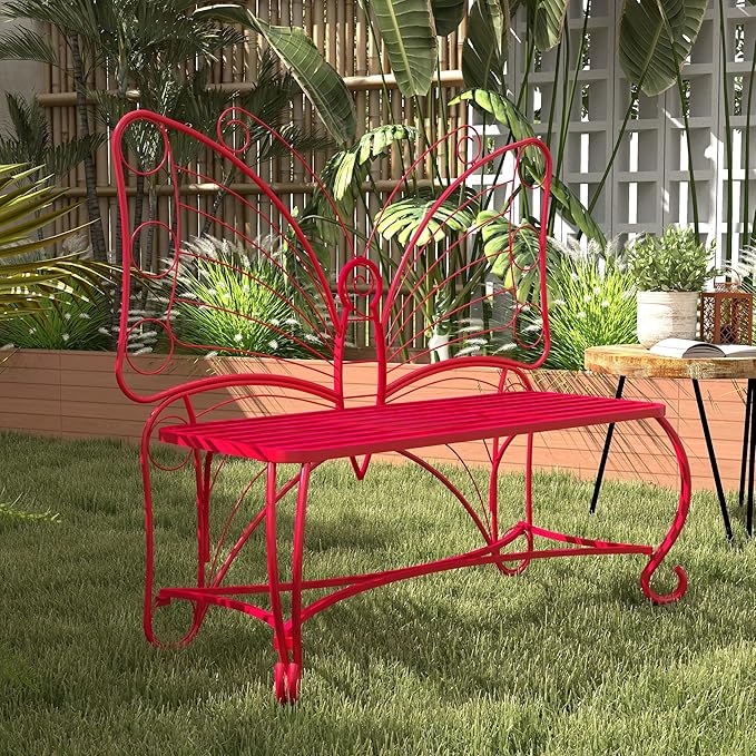 Outdoor Bench Patio Outdoor Garden Bench Butterfly Cast Iron Metal Patio Bench, Outdoor Chair Slatted Seat and Butterfly Pattern Backrest for Outside, Front Porch, Park, Lawn, Backyard and Balcony