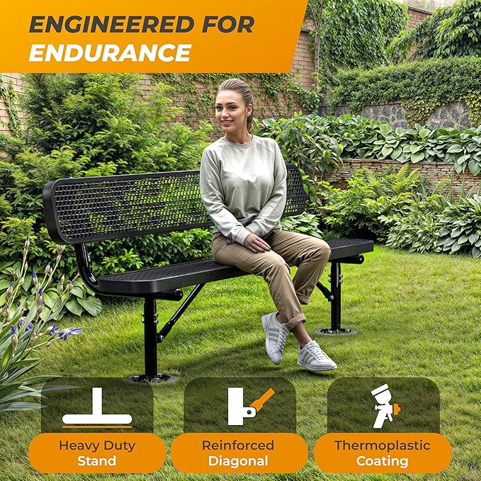 Heavy-Duty Outdoor Metal Bench, Thermoplastic-Coated, Surface, Weatherproof, Commercial-Grade for Parks, Gardens, Patios, Stores & More (6 Ft - Surface with Back, Black)
