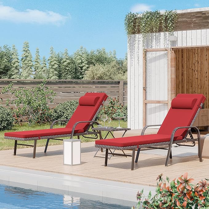 ALAULM 3 Pieces Outdoor Chaise Lounge Set Rattan Wicker Adjustable Pool Lounge Chair w/Folding Table,Patio Armrest Recliner for Beach, Poolside, Red