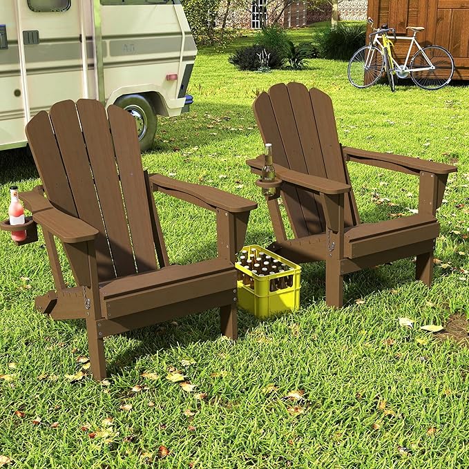 Domi Folding Adirondack Chair Set of 2, HDPE All-Weather Adirondack Chairs with Cup Holder, Outdoor Plastic Fire Pit Chairs Wood Texture for Poolside, Patio, Backyard, Deck (Khaki)