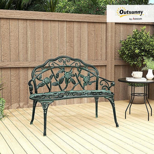 Outsunny Outdoor Bench, Cast Aluminum Outdoor Furniture, Metal Bench with Floral Rose Accent & Antique Finish, Green