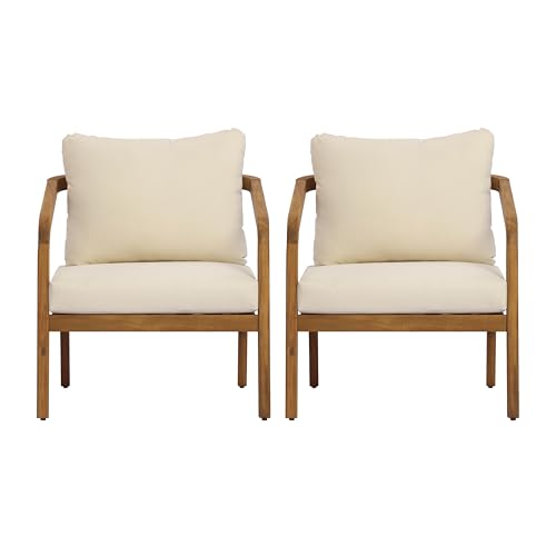 Christopher Knight Home Joy Patio Lounge Chairs Set of 2, Arm Chairs with PE Wicker Backrest, Acacia Wood Club Chairs with Weather-Resistant Cushion, Outdoor Furniture Set, Cream+Light Brown+Teak