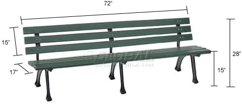 Global Industrial 6'L Outdoor Park Bench with Backrest, Recylced Plastic Slats, Wrought Iron Frame, 1985 lbs Capacity, Green, Surface Mount, Easy Assembly
