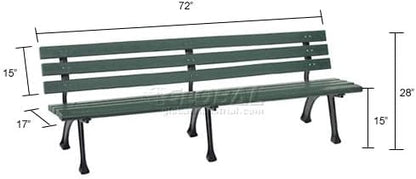 Global Industrial 6'L Outdoor Park Bench with Backrest, Recylced Plastic Slats, Wrought Iron Frame, 1985 lbs Capacity, Green, Surface Mount, Easy Assembly