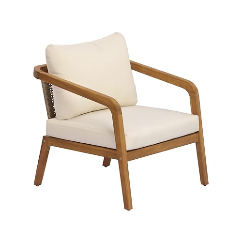 Christopher Knight Home Joy Patio Lounge Chairs Set of 2, Arm Chairs with PE Wicker Backrest, Acacia Wood Club Chairs with Weather-Resistant Cushion, Outdoor Furniture Set, Cream+Light Brown+Teak