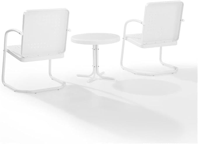 Pemberly Row 3 Piece Metal Outdoor Chair Set, Steel Construction, White Gloss Finish, Retro Patio Furniture with Basket Weave Design, Weatherproof for Small Spaces, Porch, Balcony or Patio Use