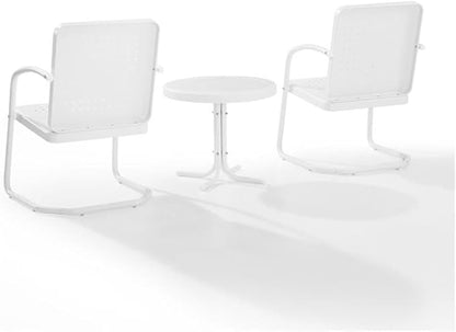Pemberly Row 3 Piece Metal Outdoor Chair Set, Steel Construction, White Gloss Finish, Retro Patio Furniture with Basket Weave Design, Weatherproof for Small Spaces, Porch, Balcony or Patio Use