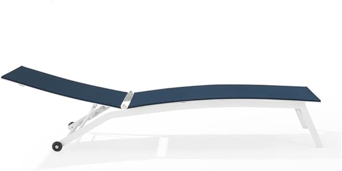 Pemberly Row Contemporary Outdoor Chaise Lounge, Navy Textilene Sling Fabric, White Powder-Coated Steel Frame, Adjustable Reclining Backrest, Weather-Resistant Patio Furniture with Wheels for Mobility
