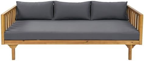 Merax Outdoor Acacia Wood Conversation Set - Patio 3-Seat Loveseat Sofa w/Coushion and Round Coffee Table for Backyard, Lawn, Balcony, Teak+Dark Gray
