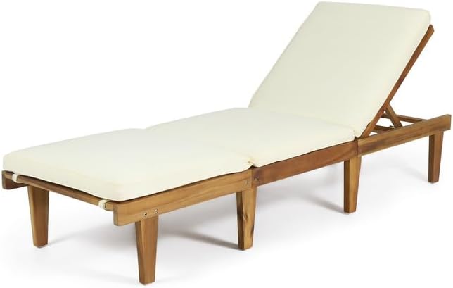 Acacia Wood Outdoor Chaise Lounge Chair with Cushion, Adjustable Recline Patio Lounger for Pool - Photo 4