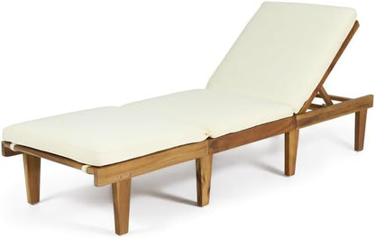Acacia Wood Outdoor Chaise Lounge Chair with Cushion, Adjustable Recline Patio Lounger for Pool, Garden & All-Weather Use