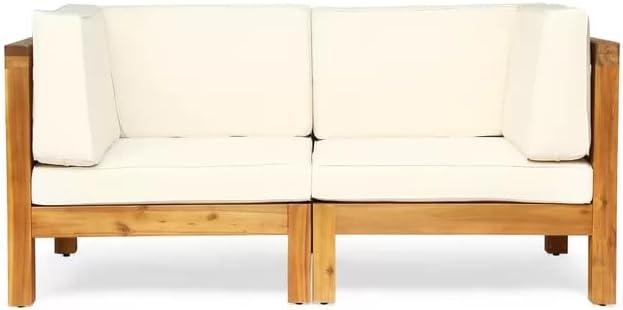 roomfitters Outdoor X-Back Loveseat with Acacia Wood Frame and Weather-Resistant Cushions, Beige - Photo 4