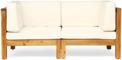 roomfitters Outdoor X-Back Loveseat with Acacia Wood Frame and Weather-Resistant Cushions, Beige
