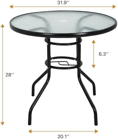 32in Outdoor Table Patio Dining Table Outdoor Dining Table with Umbrella Hole Round Tempered Glass for Yard Bistro Lawn Balcony (Black, Round 31x31x28in)
