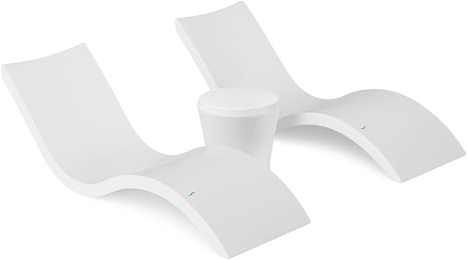 Ledge Lounger Signature Chaise Set of 2 + Affinity Side Table – in Pool Lounger Designed for Shallow Shelves Up to 9” – Outdoor Patio Sun Shelf & Poolside Furniture Bundle (White)