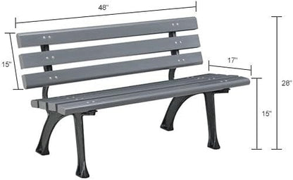 Global Industrial 4'L Outdoor Park Bench with Backrest, Recycled Plastic Slats, Wrought Iron Frame, 1100 lbs Capacity, Gray, Surface Mount, Easy Assembly