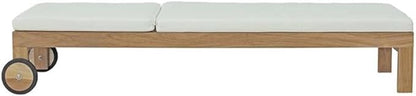 Pemberly Row Solid Teak Wood Outdoor Patio Chaise Lounge, Natural/White Finish, Adjustable Height, Water/UV Resistant Cushions, Mobile Wheels, Machine Washable Covers, 15.5-38.5" H x 28.5" W x 82" D