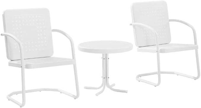 Pemberly Row 3 Piece Metal Outdoor Chair Set, Steel Construction, White Gloss Finish, Retro Patio Furniture with Basket Weave Design, Weatherproof for Small Spaces, Porch, Balcony or Patio Use