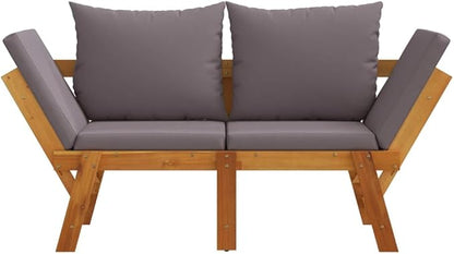 Convertible Garden Bench 29 x 81 x 26 in Solid Acacia Wood Patio Seating Doubles as Daybed, Grey Cushions Weather Resistant Outdoor Furniture for Porch Balcony