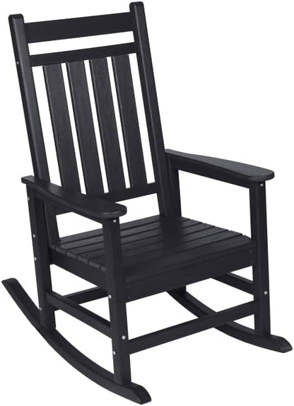 Outdoor Rocking Chair Set with Side Table, 3-Piece Rocking Chair Set with Wood-Texture,All Weather-Resistant,Black (Black + HDPE)