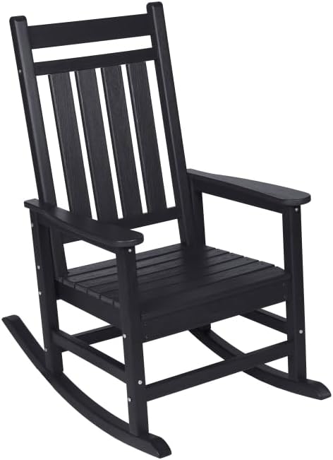 Outdoor Rocking Chair Set with Side Table, 3-Piece Rocking Chair Set with Wood-Texture,All Weather-Resistant,Black (Black + Plastic)