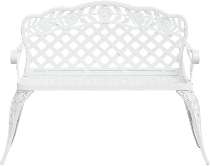 42.5 inch Outdoor Garden Bench, Cast Aluminum and Iron Patio Bench with Floral Backrest, Weather Resistant White Metal Seating for Backyard, Porch, Lawn, 2-Seater