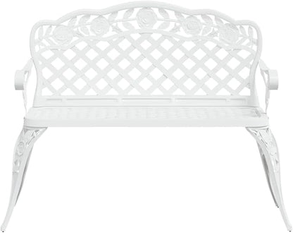 42.5 inch Outdoor Garden Bench, Cast Aluminum and Iron Patio Bench with Floral Backrest, Weather-Resistant 2-Seater Metal Bench for Backyard, Porch, Park, White