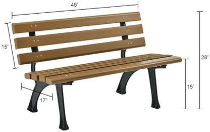 Global Industrial 4'L Outdoor Park Bench with Backrest, Recycled Plastic Slats, Wrought Iron Frame, 1100 lbs Capacity, Tan, Surface Mount, Easy Assembly