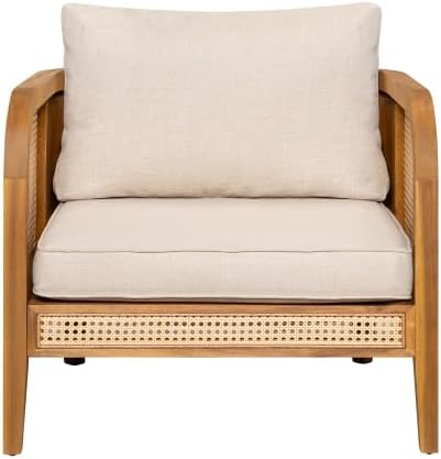 Christopher Knight Home Tilden Bohemian Acacia Wood Patio Accent Chairs, Wicker Lounge Chair Outdoor, Patio Furniture Single Sofa with Removable Cushion, Comfy Garden Reading Chair, Teak+Beige